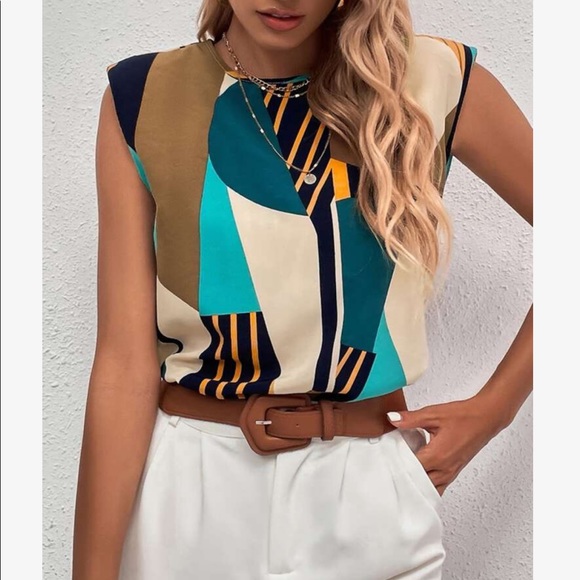 Tops - Abstract Color Block Padded Shoulder Tank Top Sleeveless Blouse